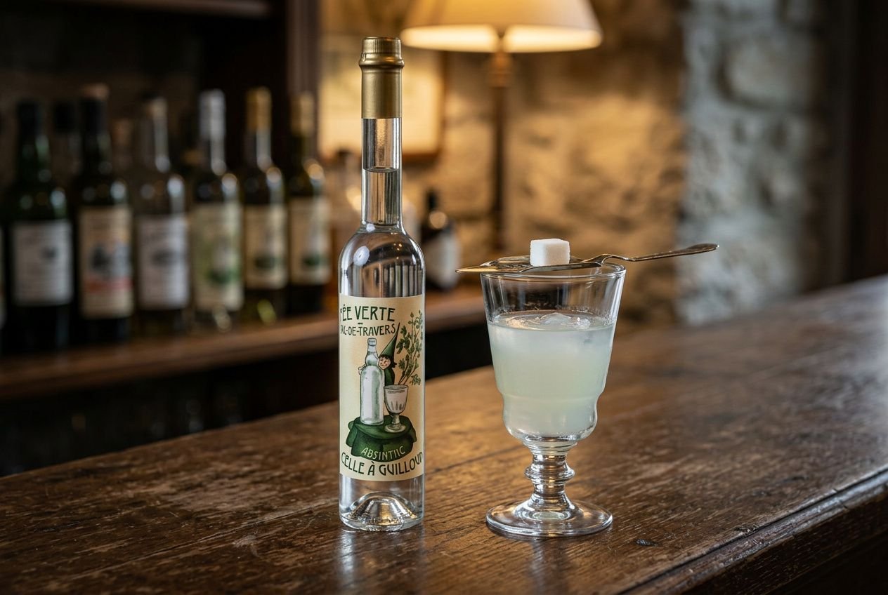 Verre cocktail et bouteille d’absinthe sur le comptoir, célèbre étiquette verte et ambiance de bar, focus sur le taux d'alcool de l'absinthe.