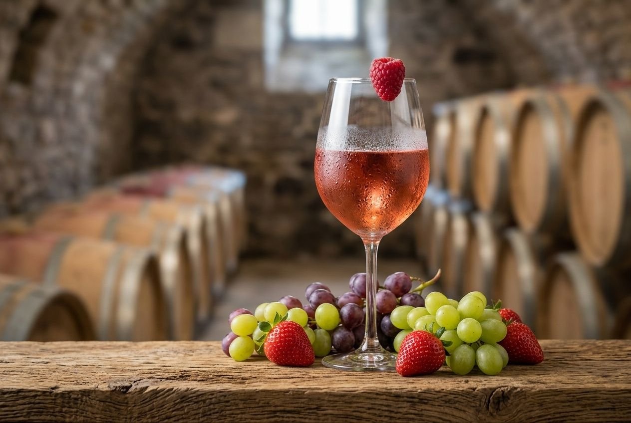 Verre de rosé frais avec framboise sur le rebord en bois, entouré de grappes de raisin vert et violet et de fraises, en cave à vin. | intégrant le sujet: comment aménager une cave à vin.
