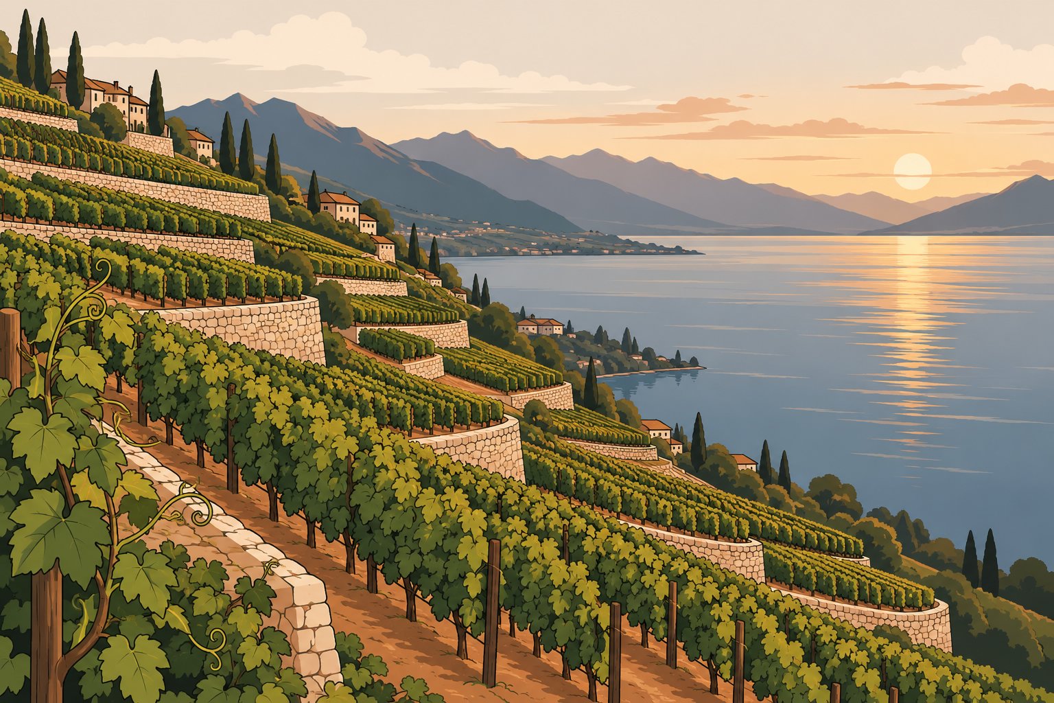 Vigne en terrasses surplombant un lac au coucher du soleil, avec des montagnes à l’horizon.