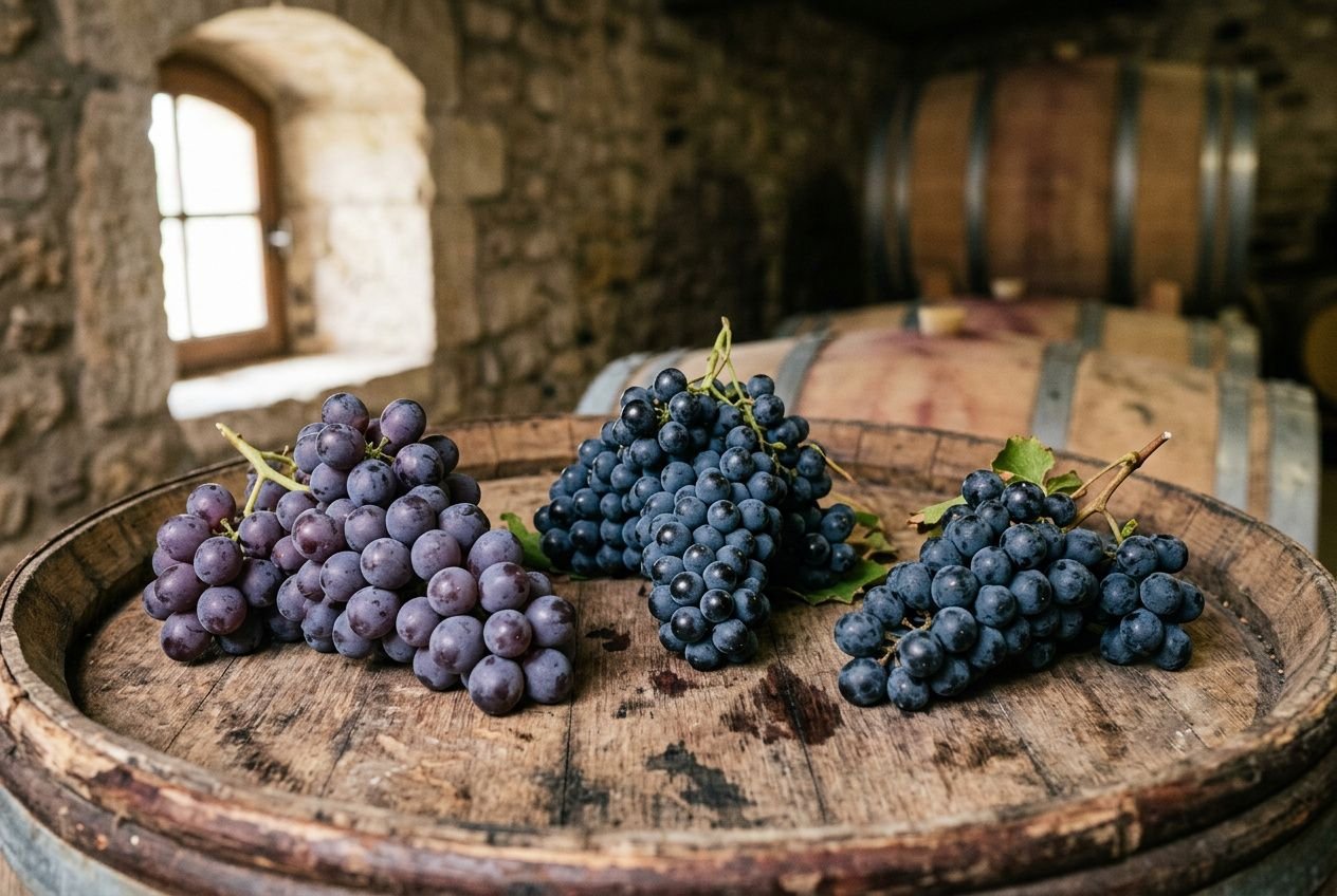 Vignes et barriques dans une cave, grappes de cépage côt du Rhône rouge posées sur un tonneau en bois.