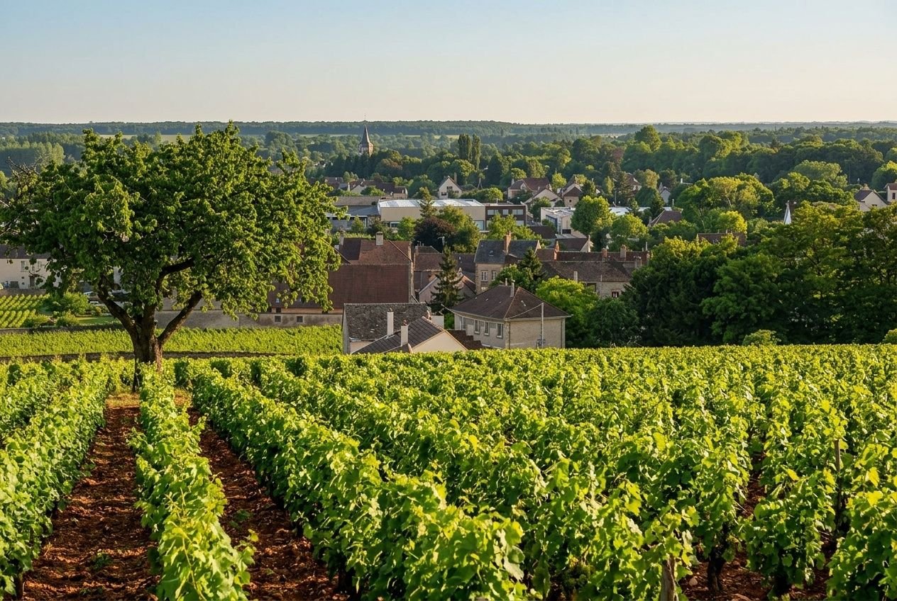 Vignoble français en été avec un village en arrière-plan, illustrant le terroir et l'accord mets et vins.