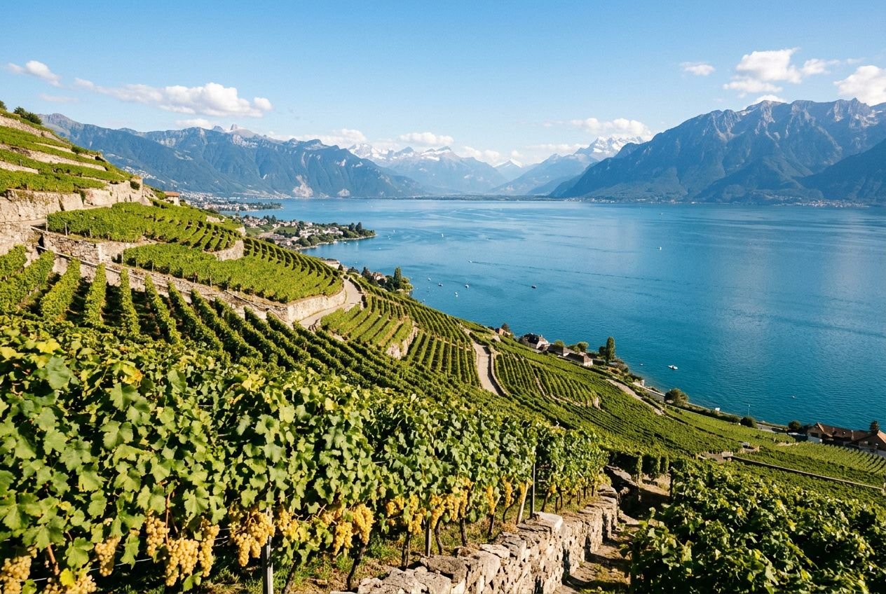 Vignoble en terrasses surplombant un lac bleu, avec montagnes en arrière-plan et ciel clair. intègre la liste des cépages suisses.