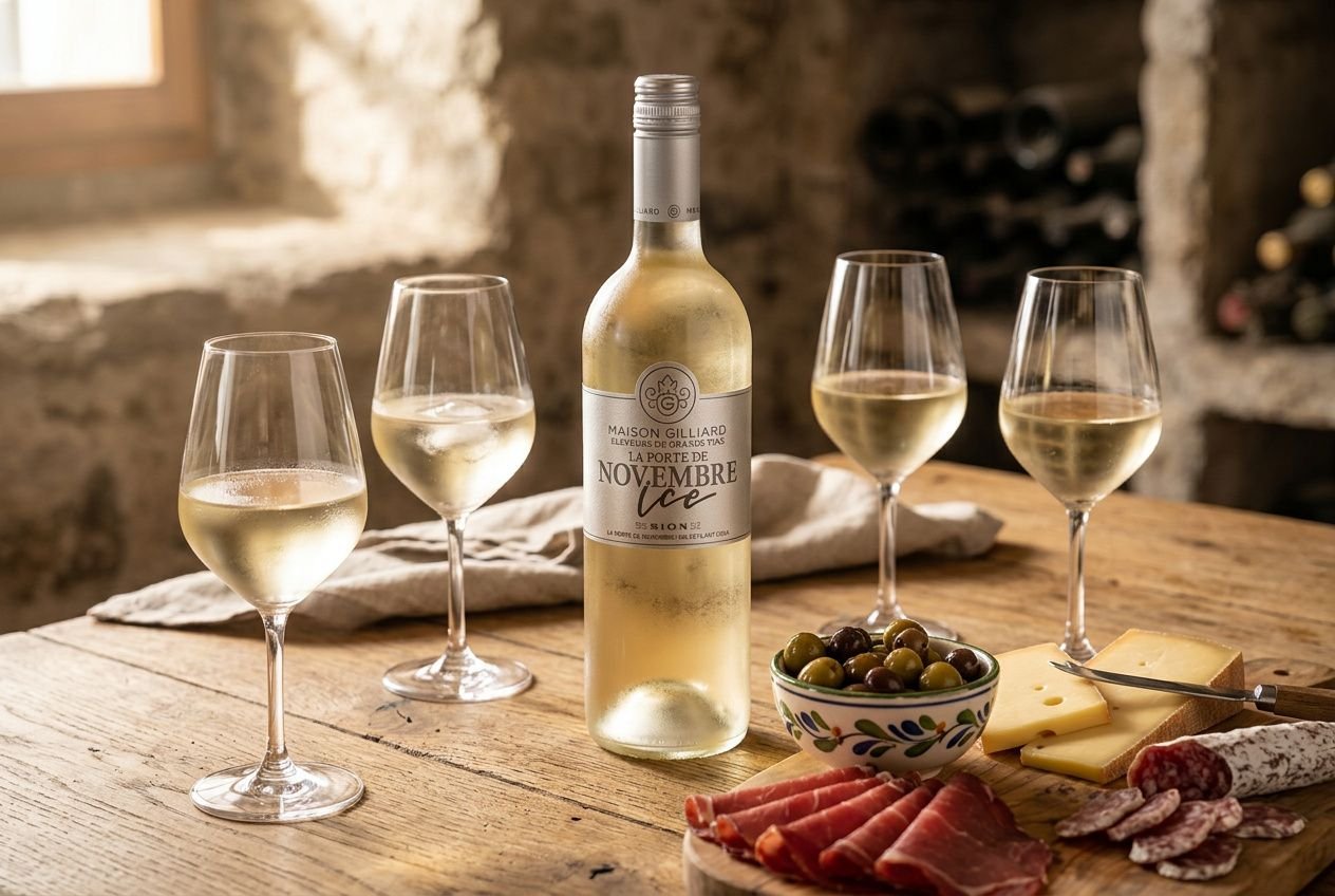 Vin blanc pour apéritif: bouteille au centre entourée de verres, assiette de fromages et olives sur table en bois.