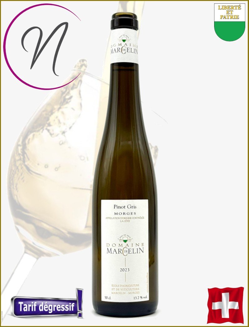 Vin blanc Pinot Gris Morges Domaine Maregelin 2023, avec verre à vin et logo N, icône tarif dégressif et drapeau Suisse, illustrant l’accord mets et vins suisse.