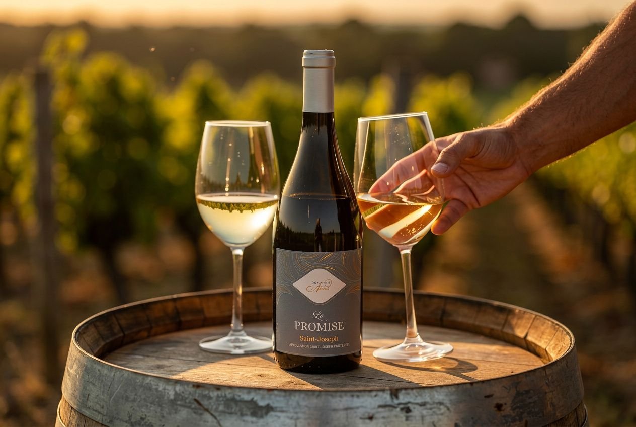 Vin blanc sec pour apéritif: bouteille sur un tonneau au soleil, entourée de verres à dégustation et d’un paysage viticole en arrière-plan.