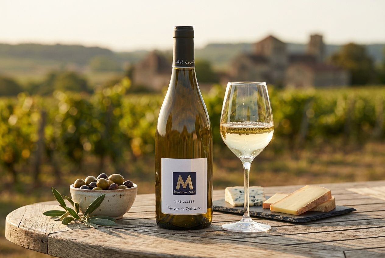 Vin blanc sec pour apéritif: bouteille et verre de vin blanc servi sur une table en bois avec fromages, olives et ambiance estivale.